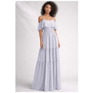 White by Vera Wang Gray Blue Bridesmaid Chiffon Dress Off Shoulder Maxi 12 NWT